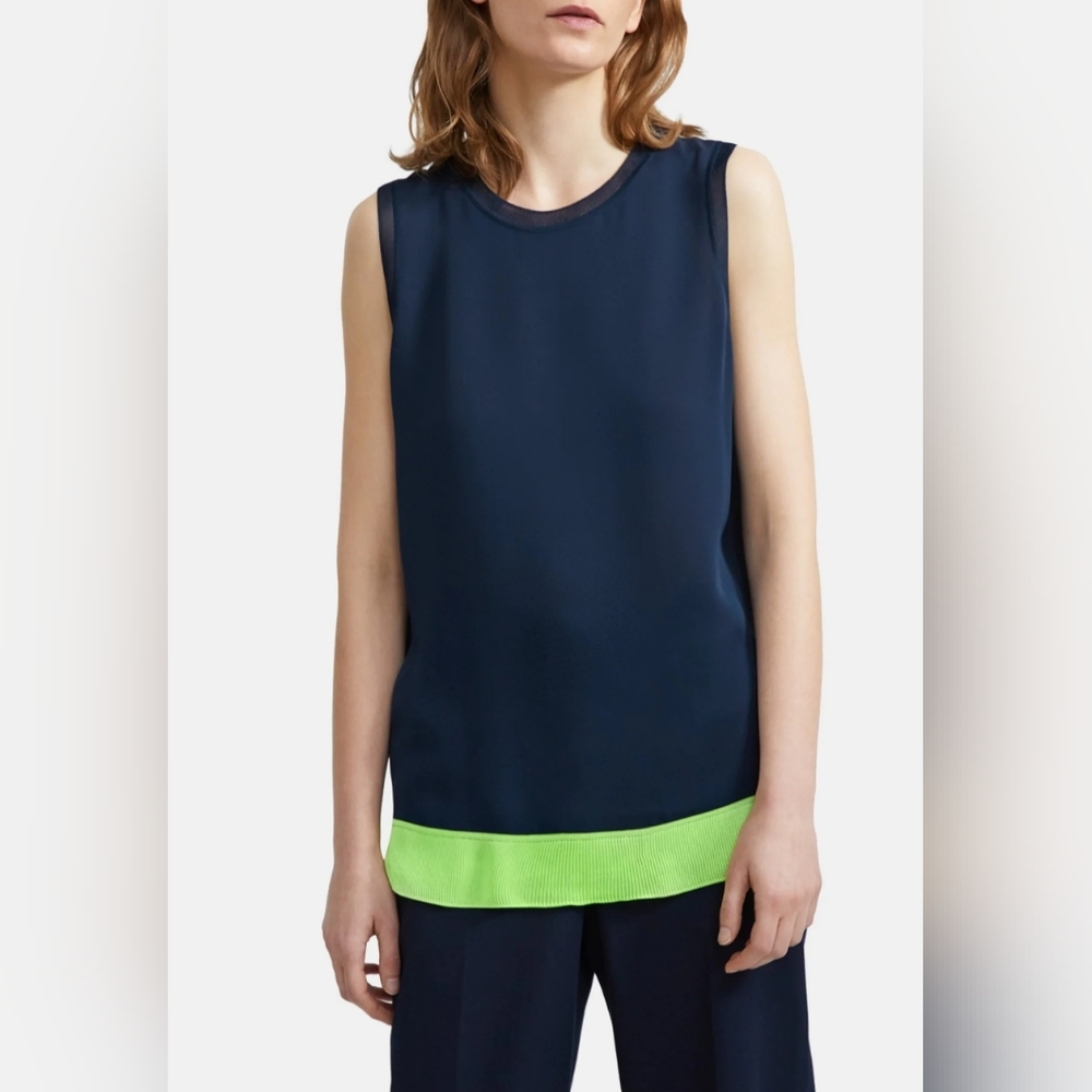 Theory Lewie Silk Tank Top Black Neon Yellow Blouse Women's Size S/M J0502529